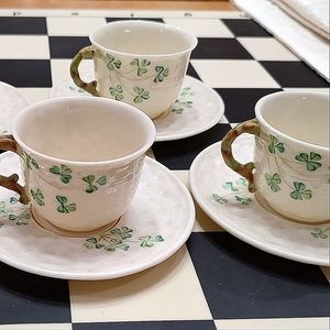 REDUCED..BELLEEK... Demitasse cups/saucers...Shamrock pattern...4 sets/ 8 pieces